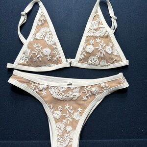 Floral Lace Bikini Set in Cream and Tan